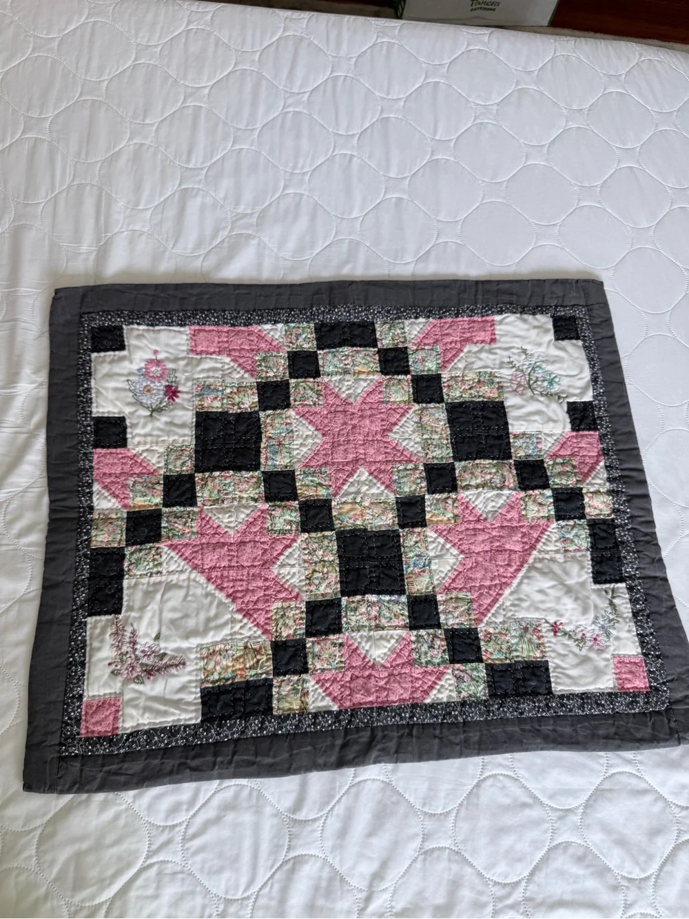 Small Quilt with Embroidered Flowers